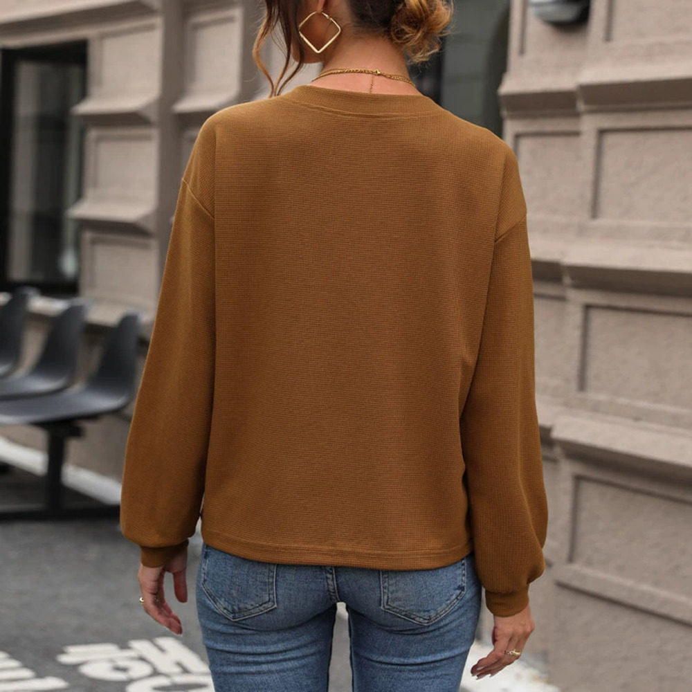 Waffle Knit Long Sleeve Tee Loose Fit Fall Winter Basic Top